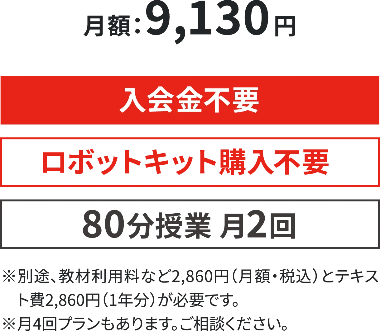 月額:9,130円 入会金不要・ロボットキット購入不要・80分授業 月2回