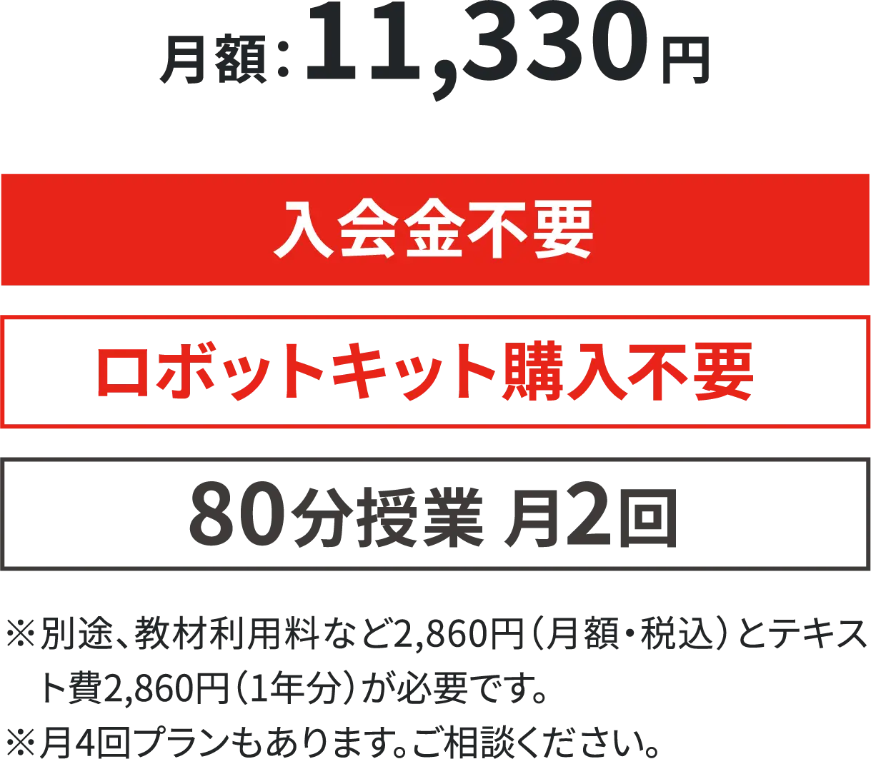 月額:11,330円 入会金不要・ロボットキット購入不要・80分授業 月2回