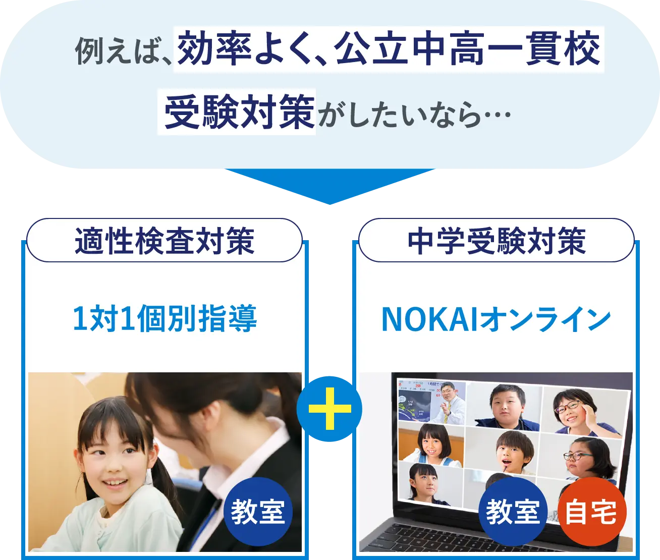 例えば、効率よく、公立中高一貫校受験対策がしたいなら…適性検査対策:1対1個別指導+中学受験対策:NOKAIオンライン