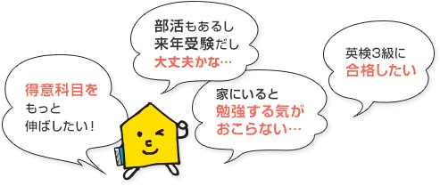 得意科目をもっと伸ばしたい! 部活もあるし来年受験だし大丈夫かな… 家にいると勉強する気がおこらない… 英検3級に合格したい