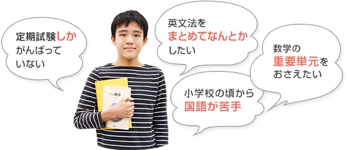 定期試験しかがんばっていない 英文法をまとめてなんとかしたい 数学の重要単元をおさえたい 小学校の頃から国語が苦手
